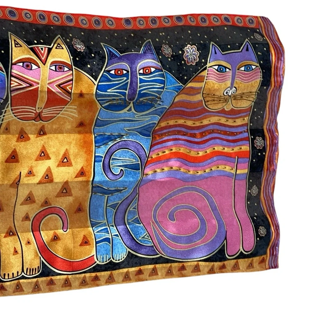 Vintage Laurel Burch Cat Scarf, Silk with Beaded and Sequin Accents
